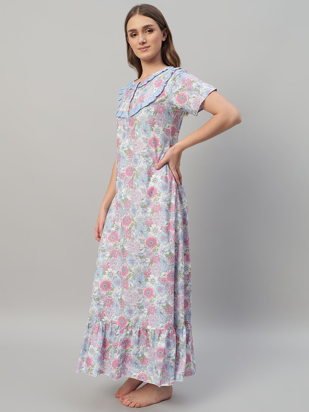 Floral Print With Frill Neck Cotton Night Gown– Elegant Maxi Nightwear for Women