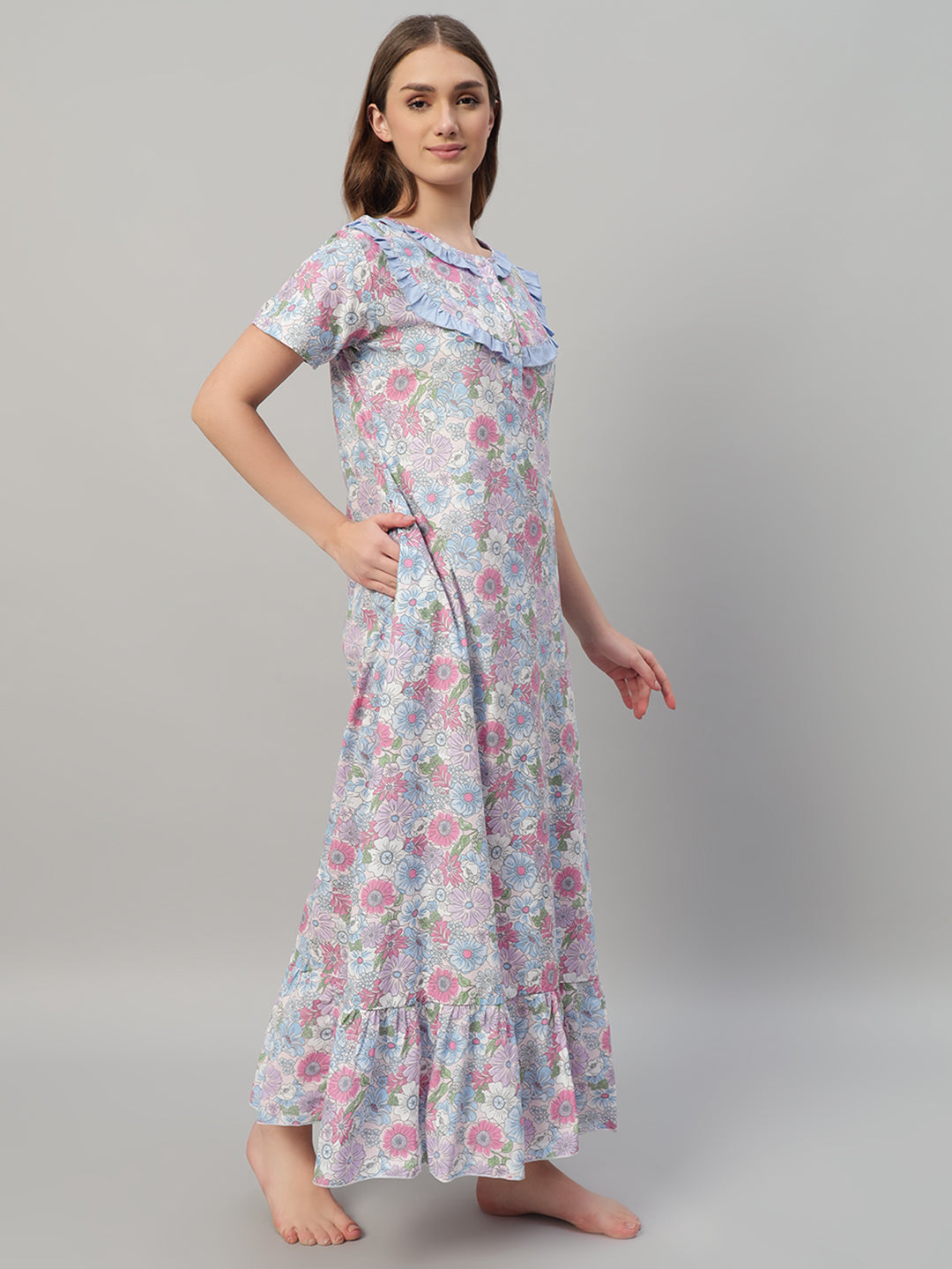 Floral Print With Frill Neck Cotton Night Gown– Elegant Maxi Nightwear for Women