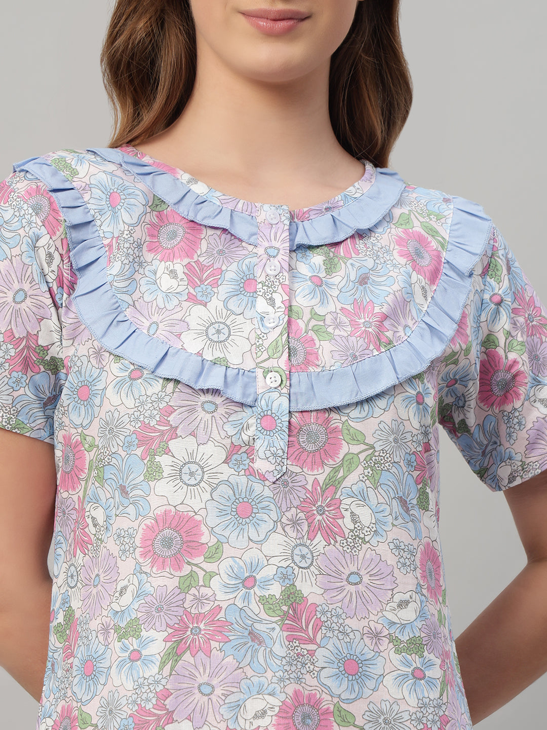 Floral Print With Frill Neck Cotton Night Gown– Elegant Maxi Nightwear for Women