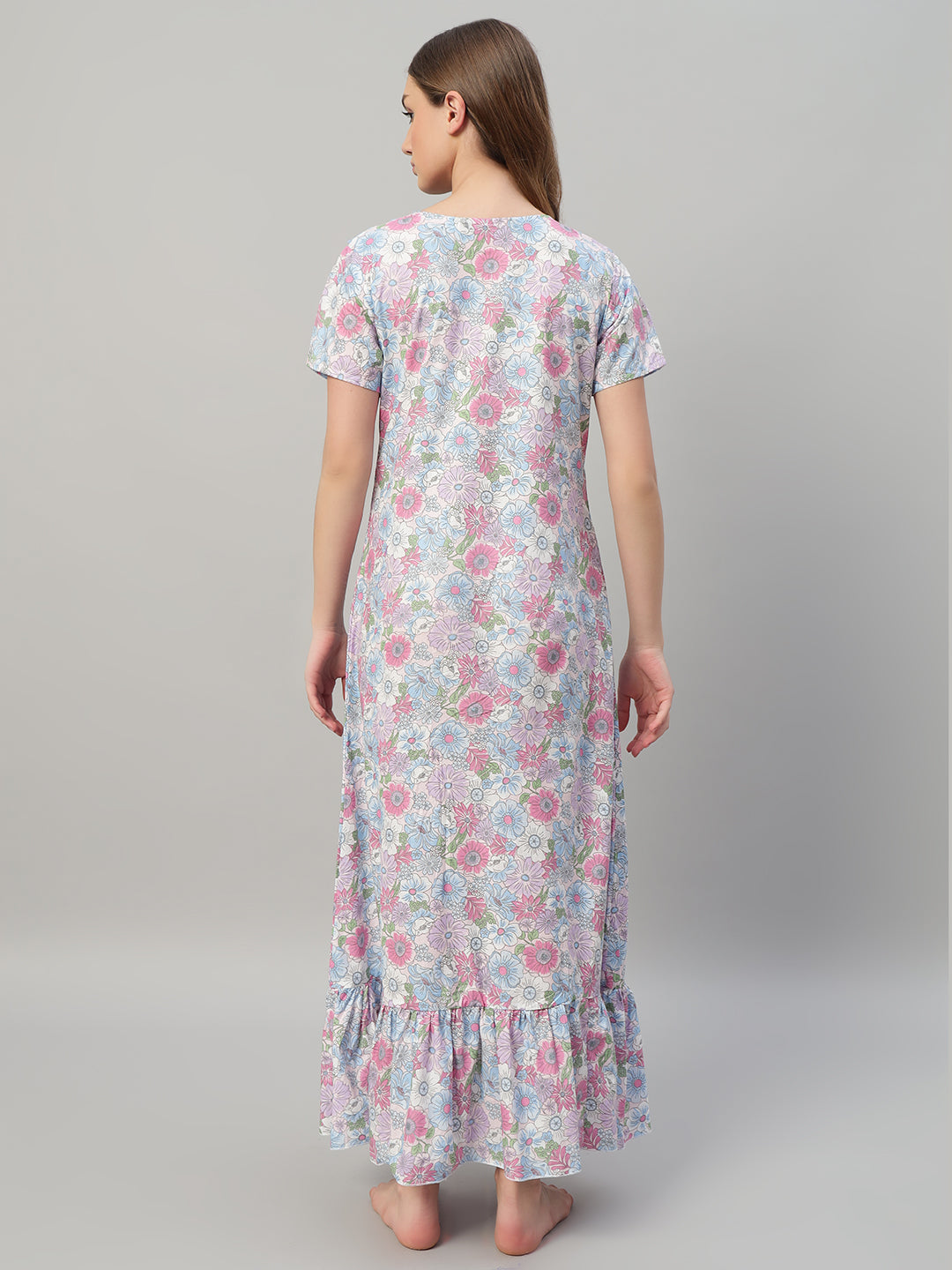 Floral Print With Frill Neck Cotton Night Gown– Elegant Maxi Nightwear for Women