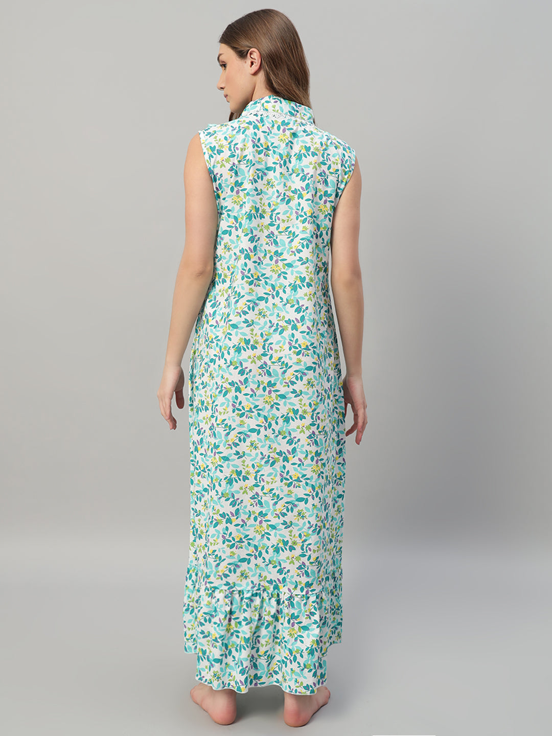 🌿 Green Floral Printed Maxi Night Gown for Women – Sleeveless Ruffle Collar Comfortable Nightwear