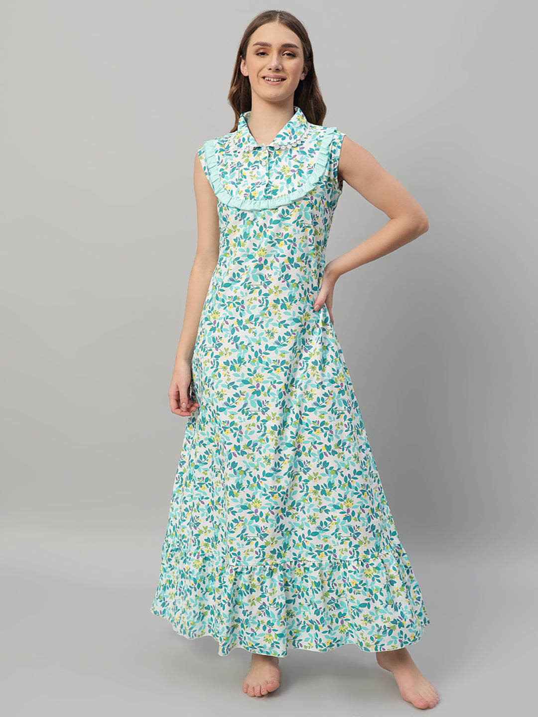 🌿 Green Floral Printed Maxi Night Gown for Women – Sleeveless Ruffle Collar Comfortable Nightwear