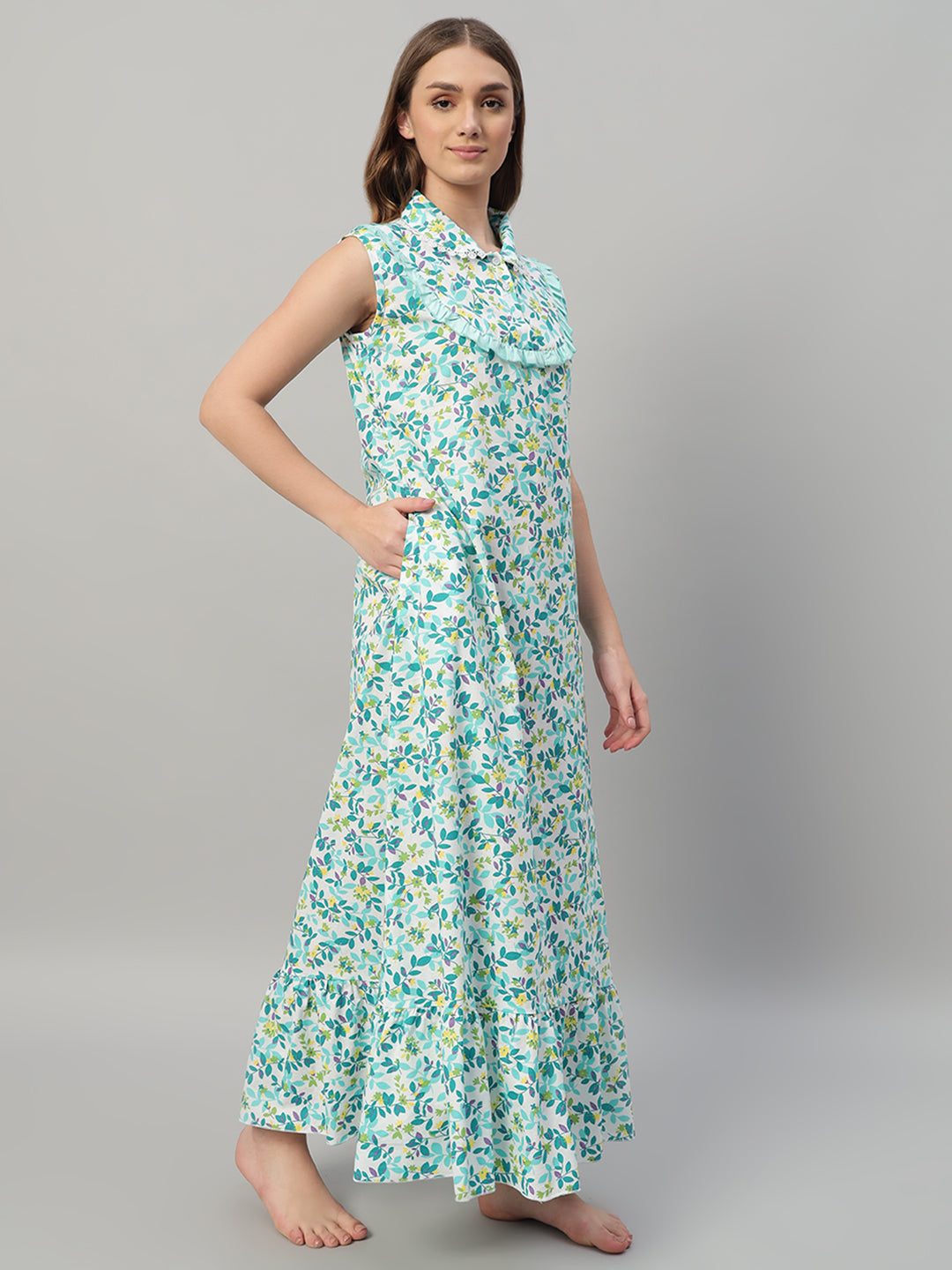 🌿 Green Floral Printed Maxi Night Gown for Women – Sleeveless Ruffle Collar Comfortable Nightwear