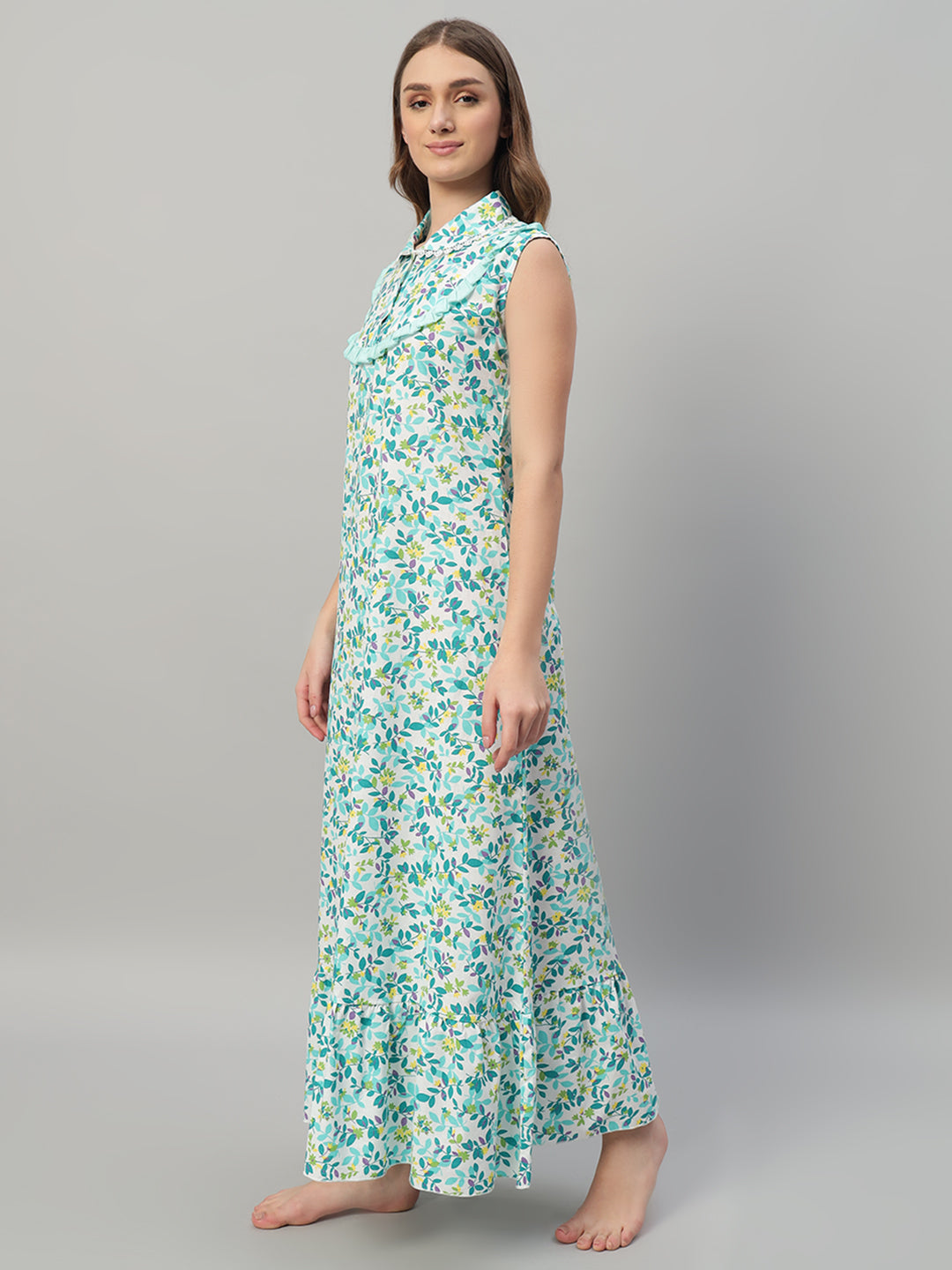 🌿 Green Floral Printed Maxi Night Gown for Women – Sleeveless Ruffle Collar Comfortable Nightwear