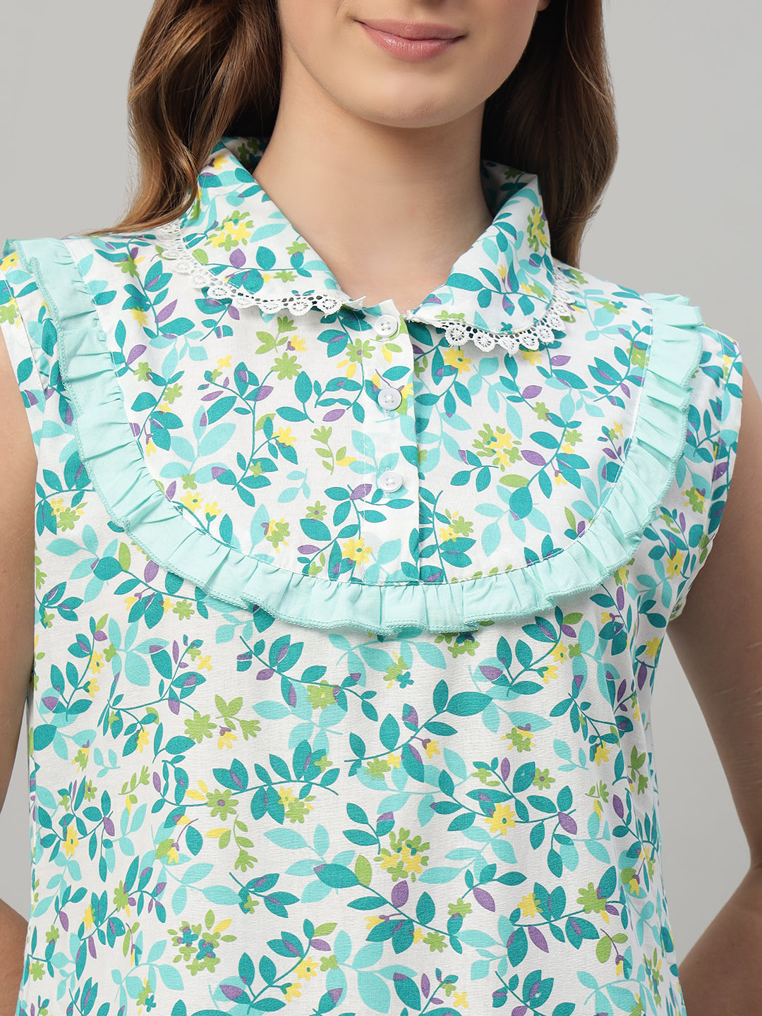 🌿 Green Floral Printed Maxi Night Gown for Women – Sleeveless Ruffle Collar Comfortable Nightwear