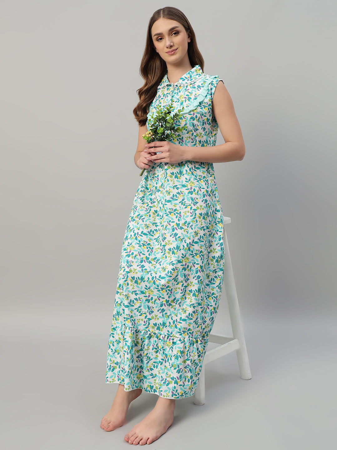 🌿 Green Floral Printed Maxi Night Gown for Women – Sleeveless Ruffle Collar Comfortable Nightwear