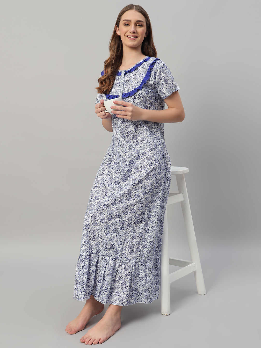 💙 Blue Floral Printed Cotton Night Gown with Frill Neck – Comfortable Maxi Nightwear for Women