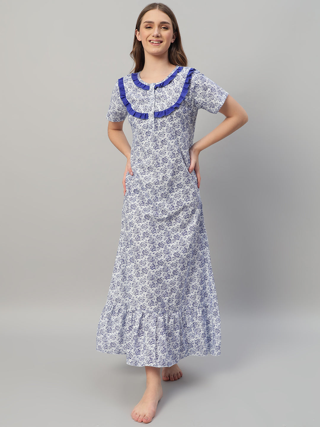 💙 Blue Floral Printed Cotton Night Gown with Frill Neck – Comfortable Maxi Nightwear for Women