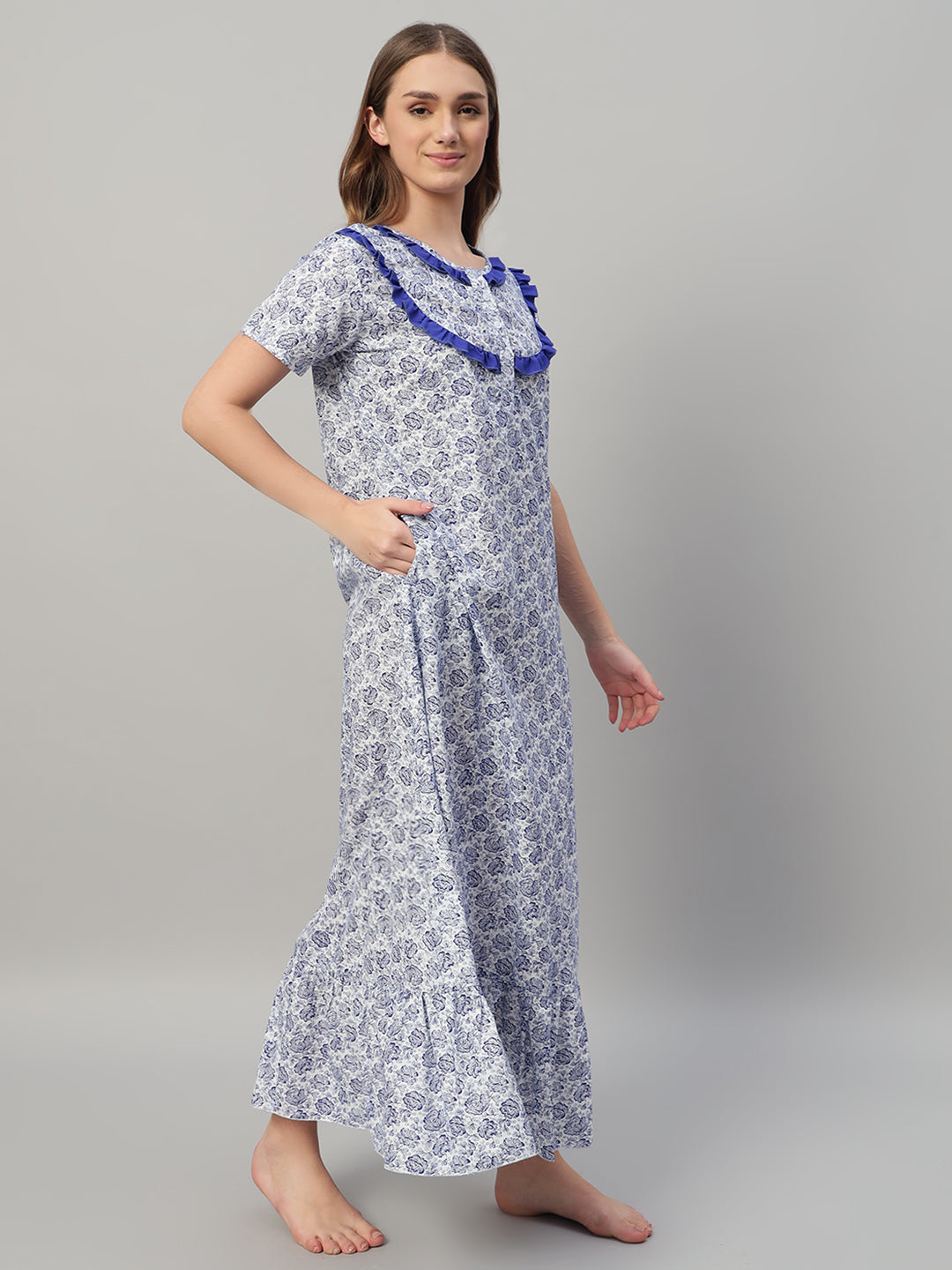 Blue Floral Print With Frill Neck Cotton Nightwear for Women