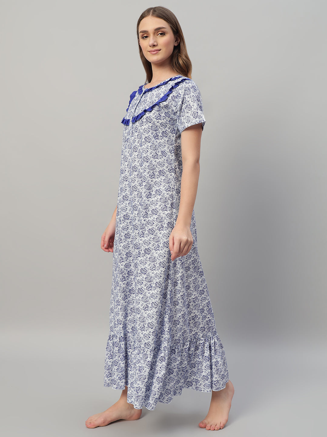 Blue Floral Print With Frill Neck Cotton Nightwear for Women