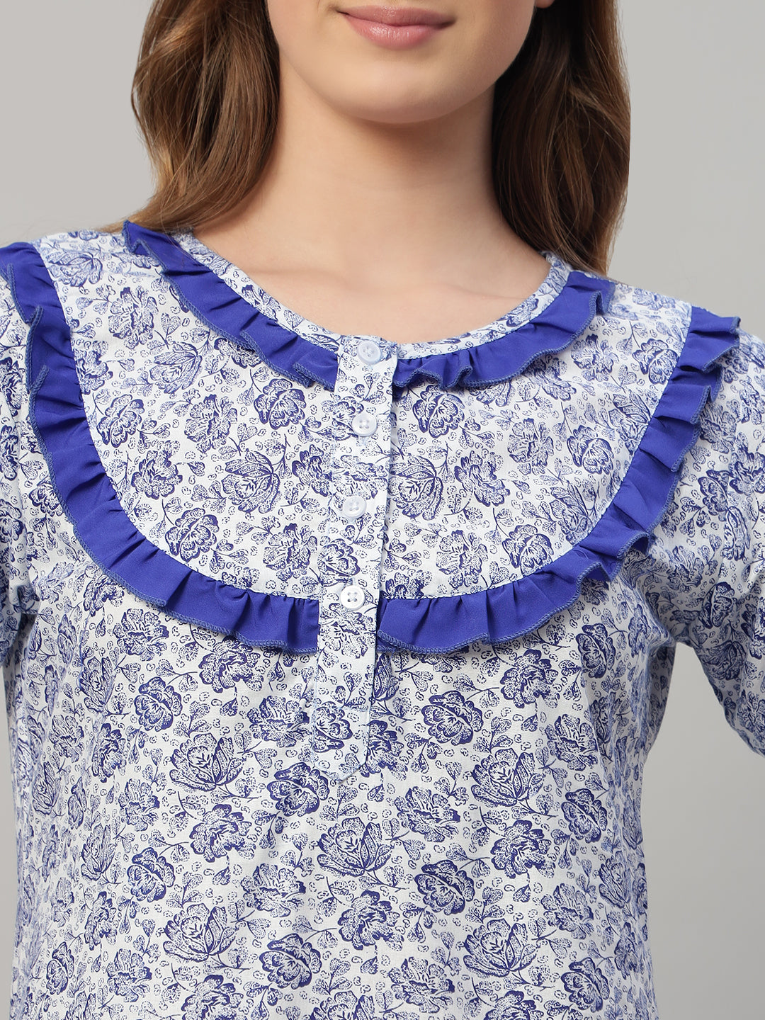 Blue Floral Print With Frill Neck Cotton Nightwear for Women