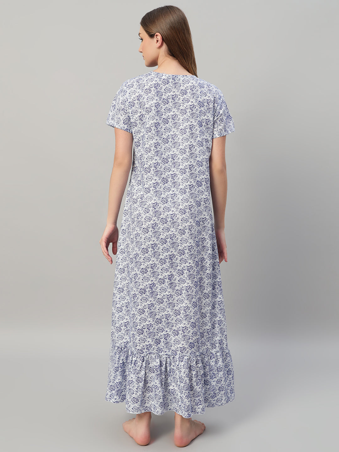 Blue Floral Print With Frill Neck Cotton Nightwear for Women