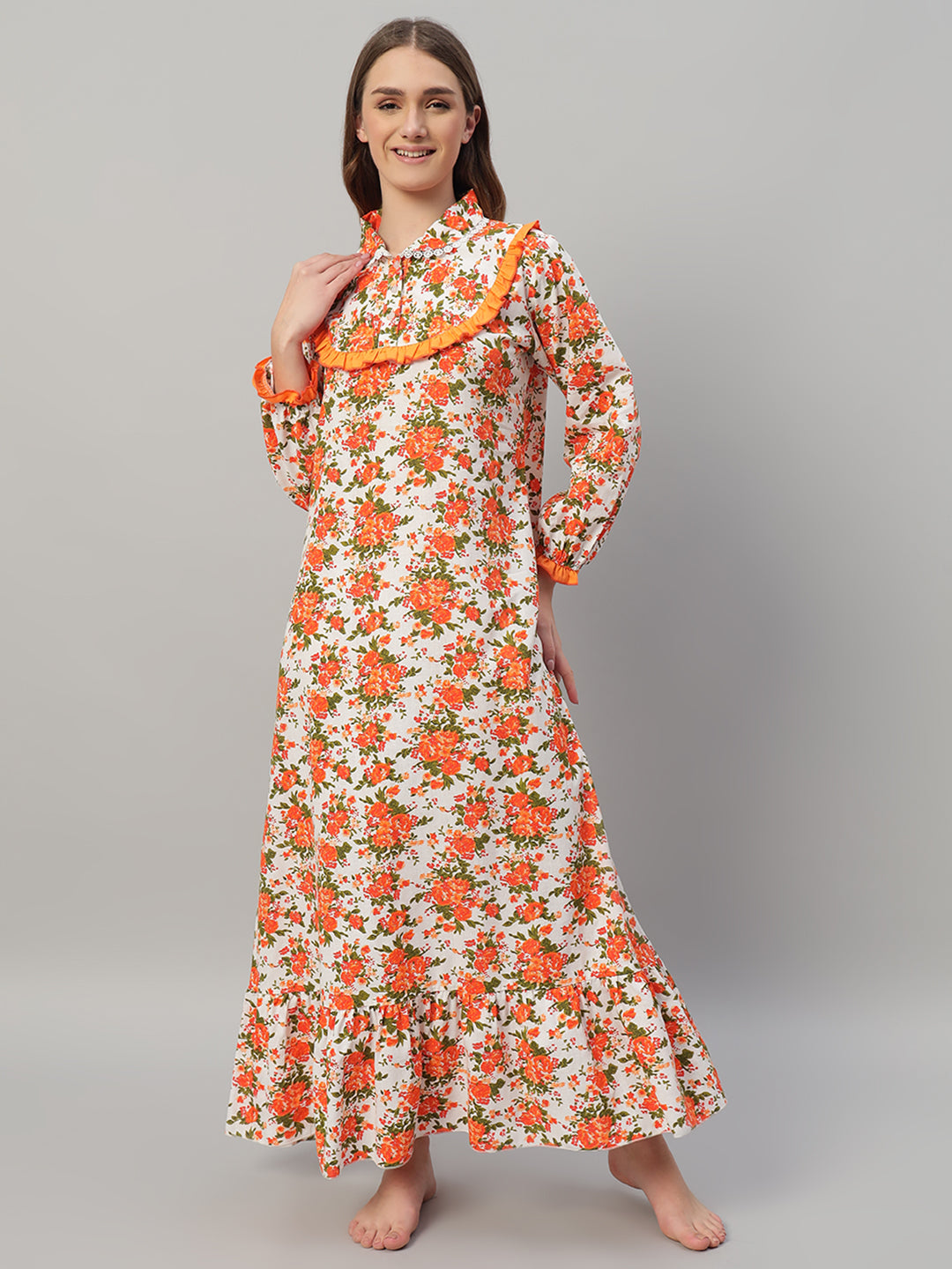🌸 Orange Floral Printed Night Gown – Stylish & Comfortable Sleepwear