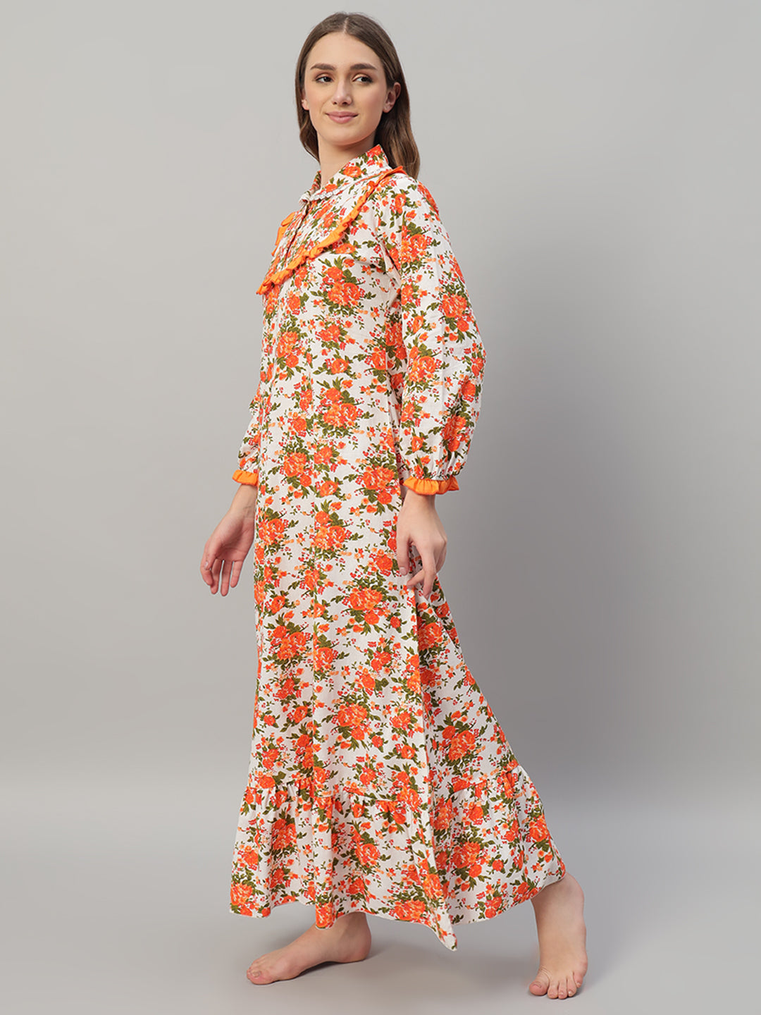 🌸 Orange Floral Printed Night Gown – Stylish & Comfortable Sleepwear