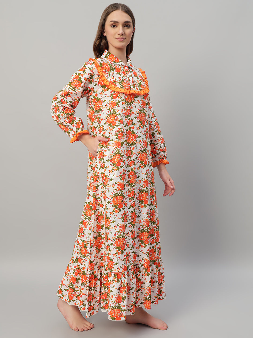 🌸 Orange Floral Printed Night Gown – Stylish & Comfortable Sleepwear