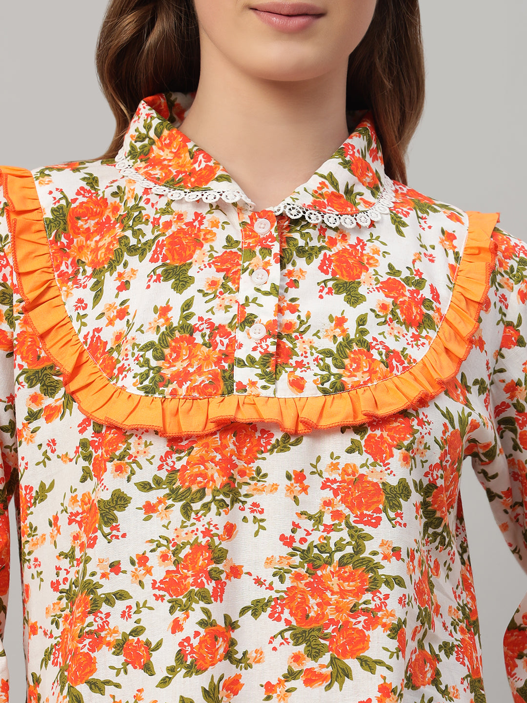 🌸 Orange Floral Printed Night Gown – Stylish & Comfortable Sleepwear