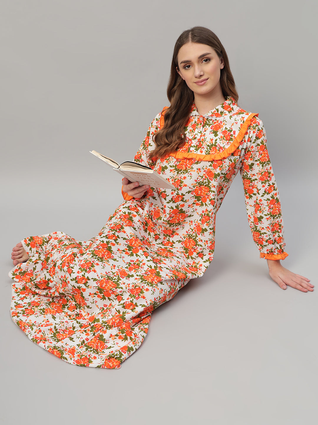 🌸 Orange Floral Printed Night Gown – Stylish & Comfortable Sleepwear