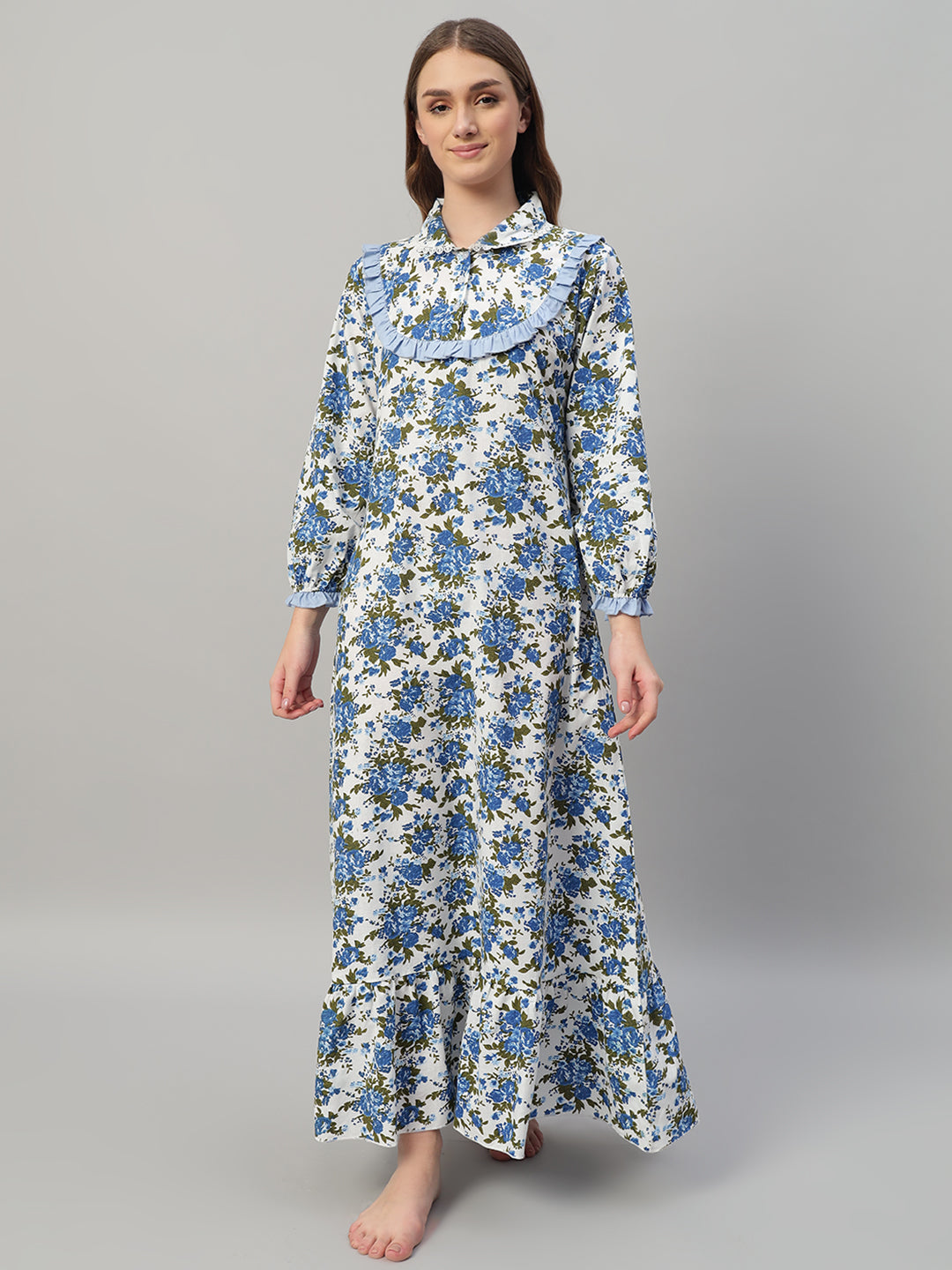 🌼 Blue Floral Printed Night Gown – Elegant & Comfortable Sleepwear