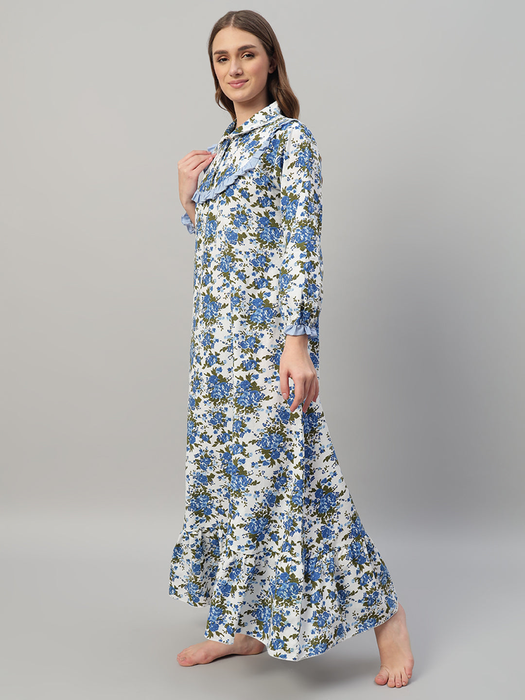 🌼 Blue Floral Printed Night Gown – Elegant & Comfortable Sleepwear