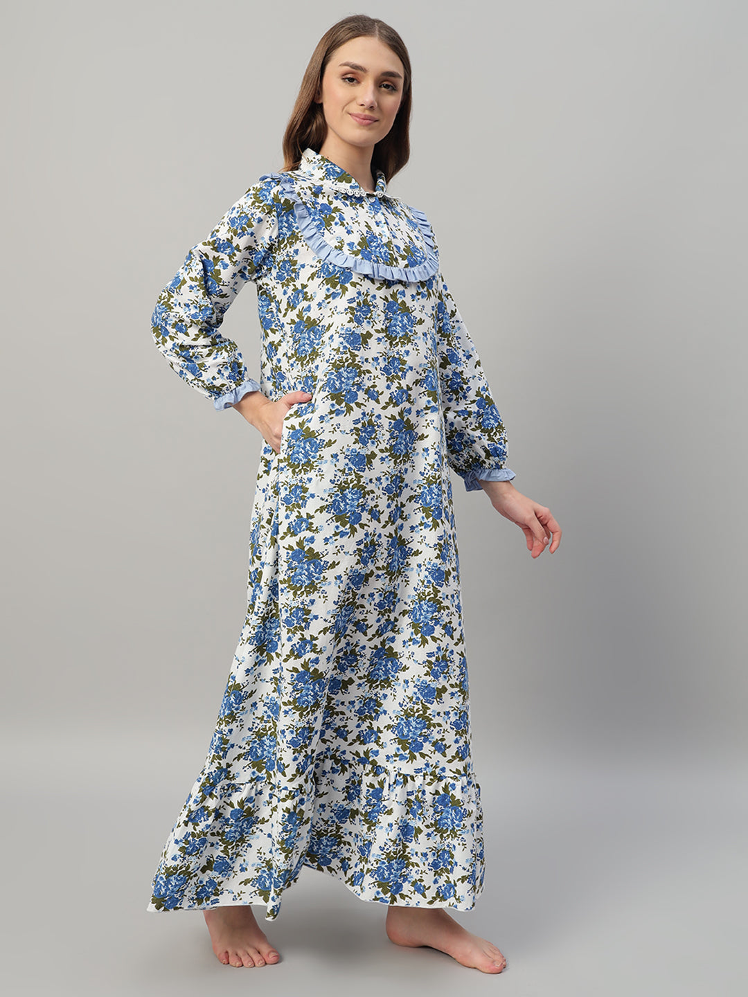 🌼 Blue Floral Printed Night Gown – Elegant & Comfortable Sleepwear