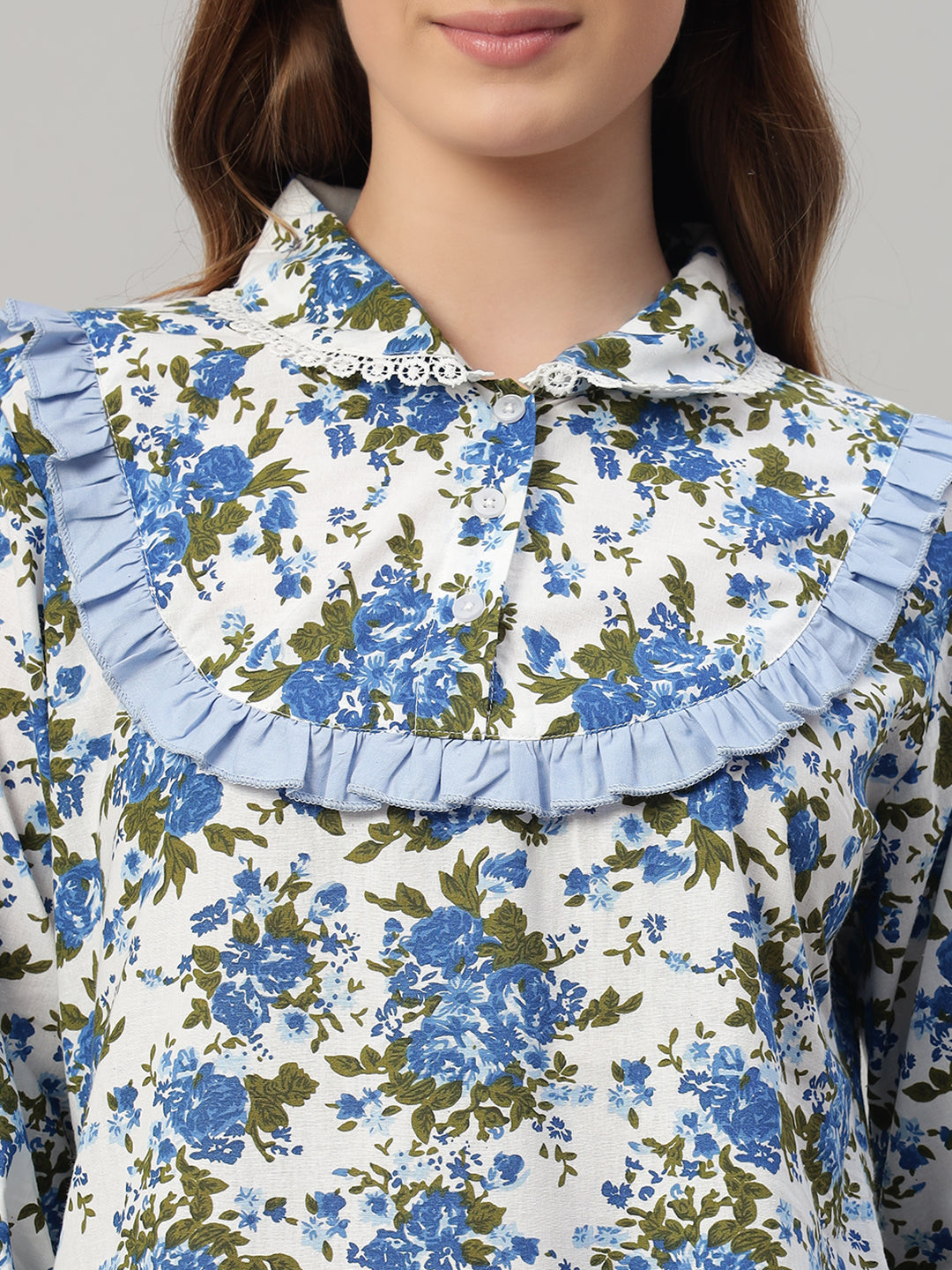 🌼 Blue Floral Printed Night Gown – Elegant & Comfortable Sleepwear