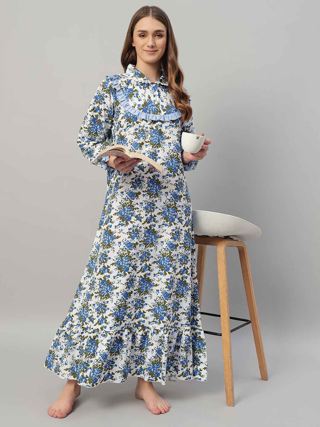 🌼 Blue Floral Printed Night Gown – Elegant & Comfortable Sleepwear