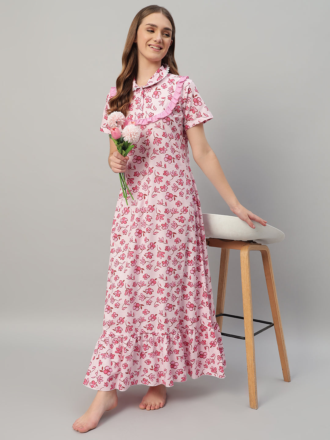 Romantic Pink Floral Cotton Nightdress with Frill Yoke & Lace Collar – Soft Lounge & Sleepwear