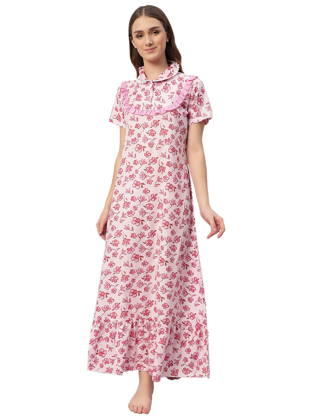 Romantic Pink Floral Cotton Nightdress with Frill Yoke & Lace Collar – Soft Lounge & Sleepwear
