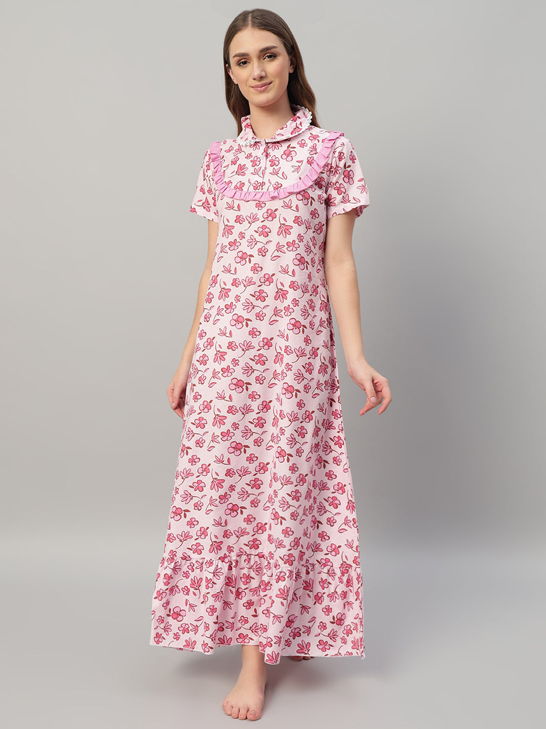 Romantic Pink Floral Cotton Nightdress with Frill Yoke & Lace Collar – Soft Lounge & Sleepwear