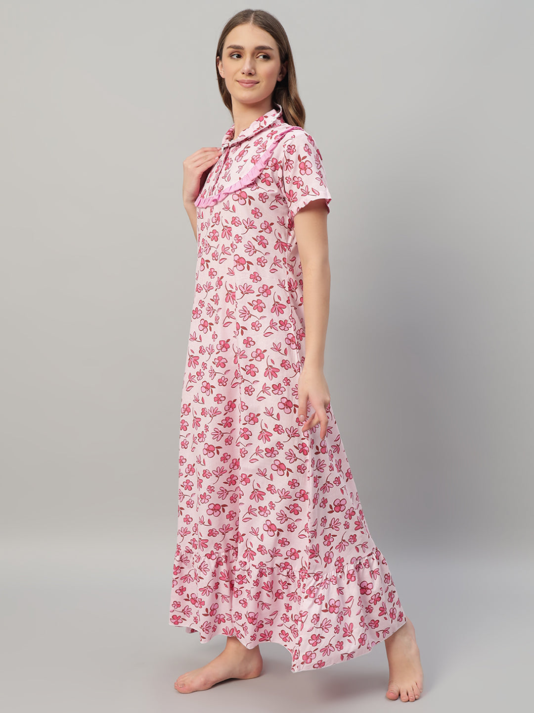 Romantic Pink Floral Cotton Nightdress with Frill Yoke & Lace Collar – Soft Lounge & Sleepwear