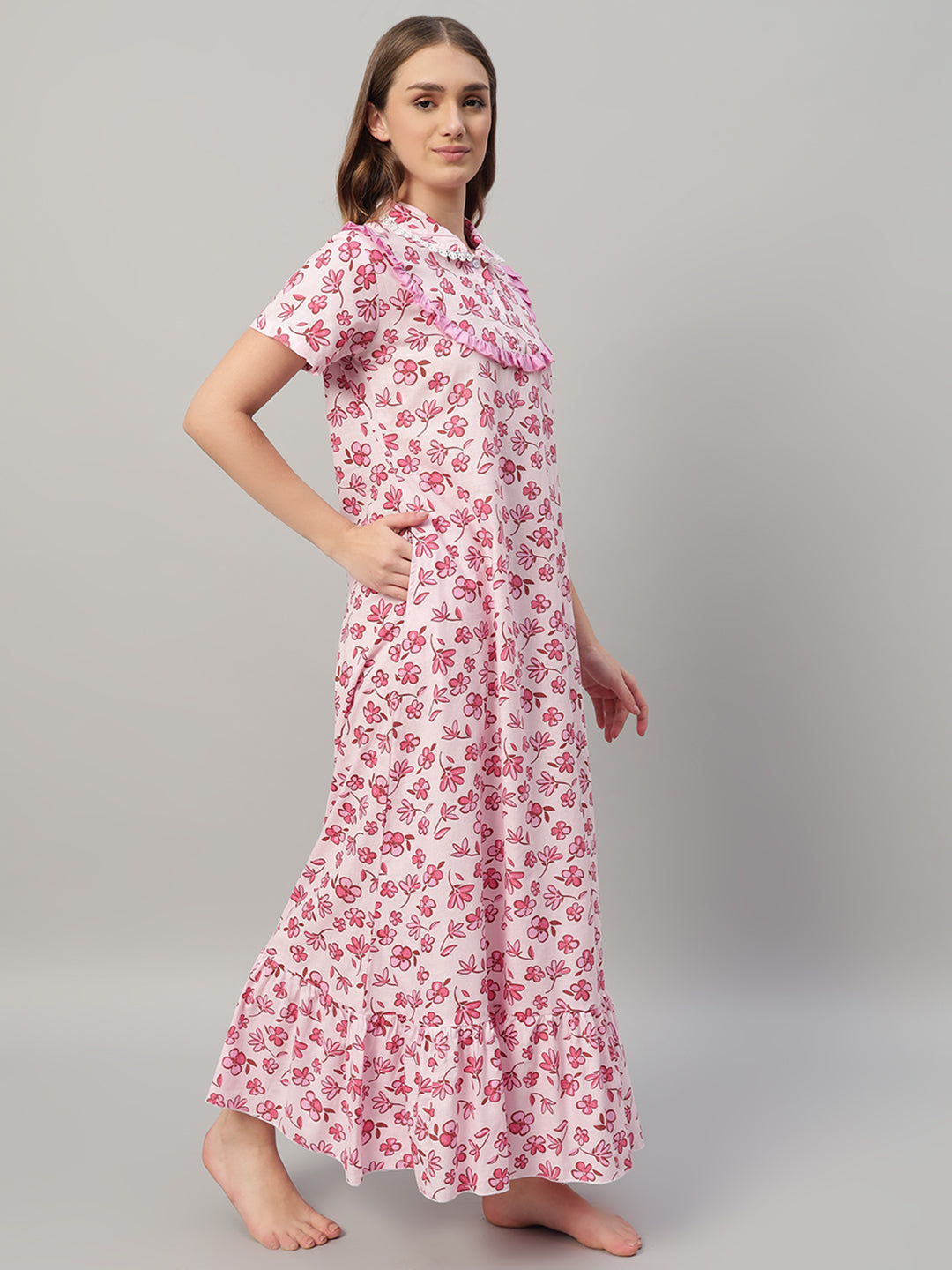 Romantic Pink Floral Cotton Nightdress with Frill Yoke & Lace Collar – Soft Lounge & Sleepwear