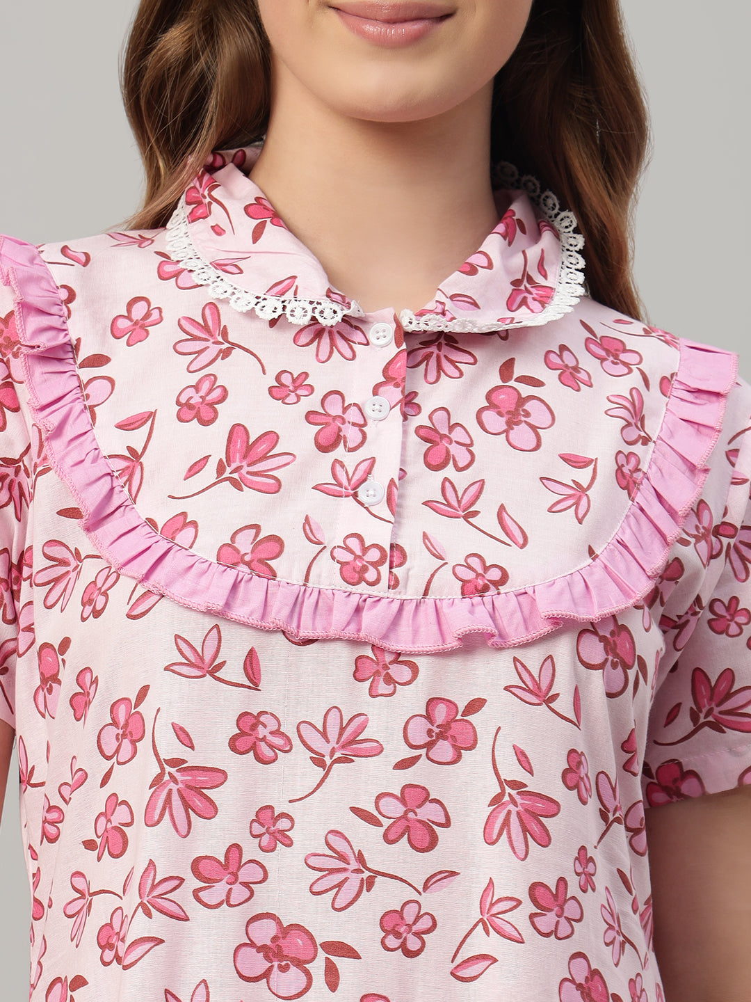 Romantic Pink Floral Cotton Nightdress with Frill Yoke & Lace Collar – Soft Lounge & Sleepwear