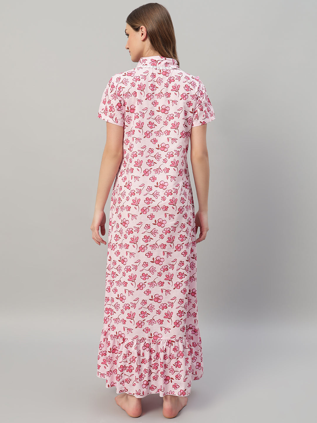 Romantic Pink Floral Cotton Nightdress with Frill Yoke & Lace Collar – Soft Lounge & Sleepwear