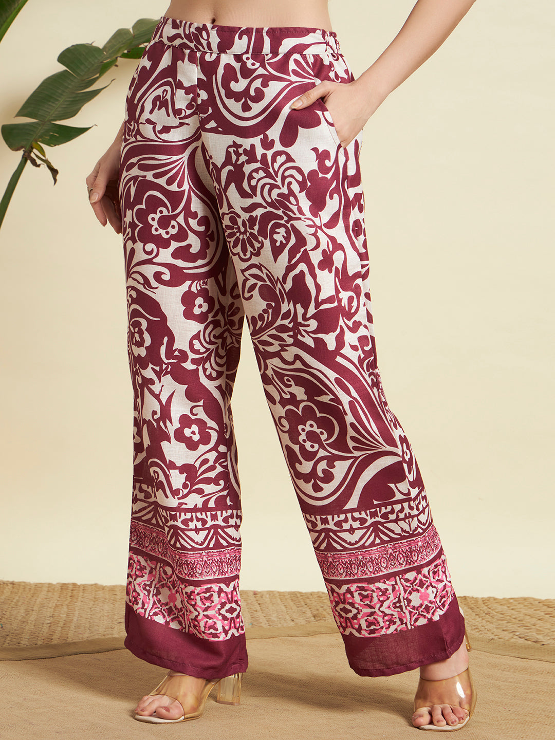 Wine & Cream Floral Printed Kurta & Pant Co-Ord Set for Women