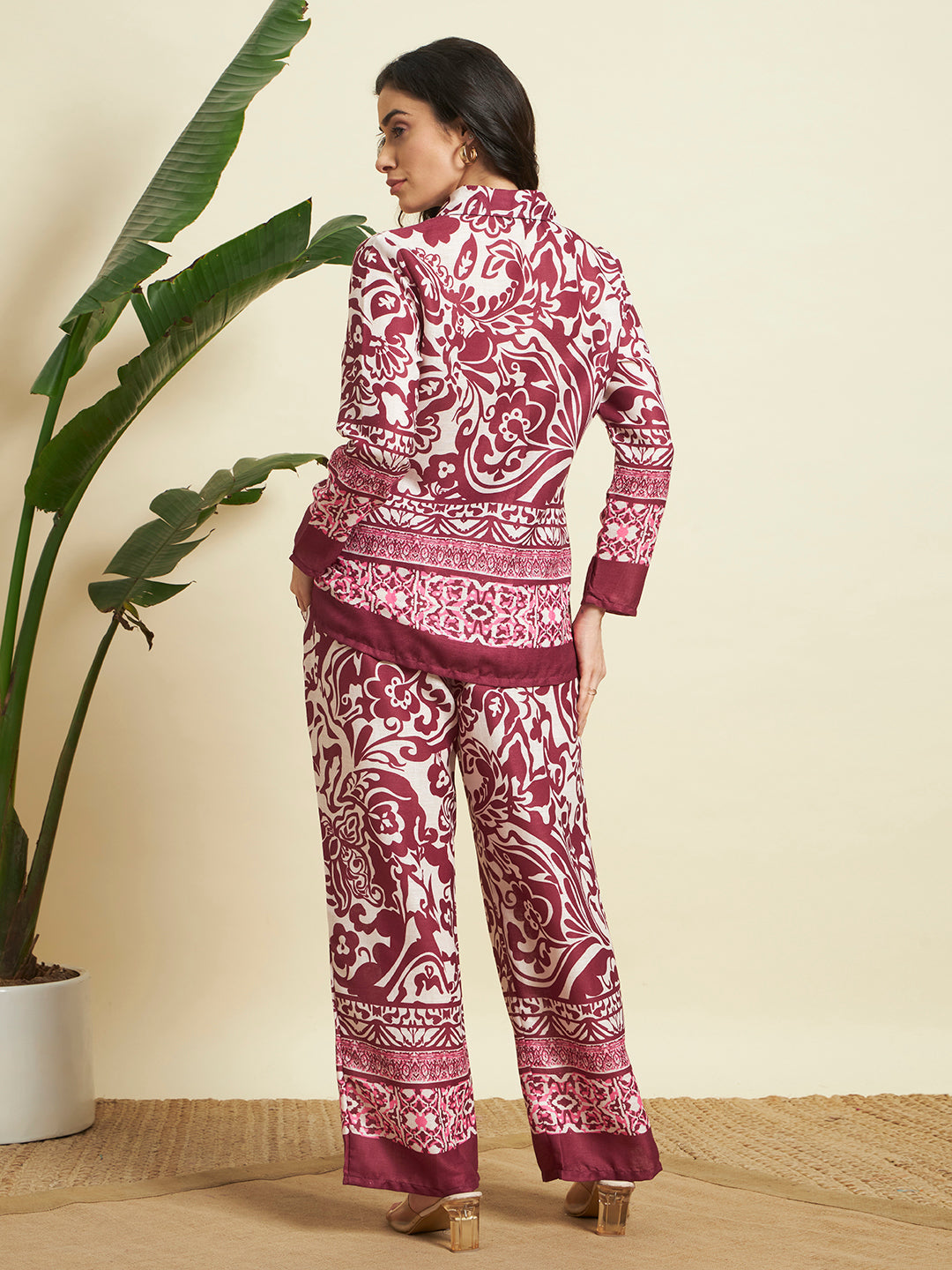 Wine & Cream Floral Printed Kurta & Pant Co-Ord Set for Women