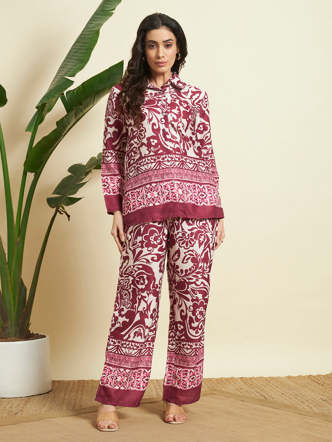 Wine & Cream Floral Printed Kurta & Pant Co-Ord Set for Women