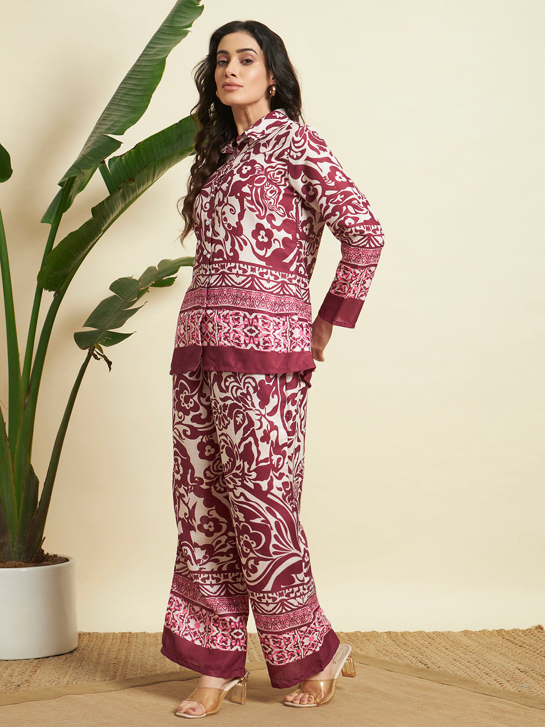 Wine & Cream Floral Printed Kurta & Pant Co-Ord Set for Women
