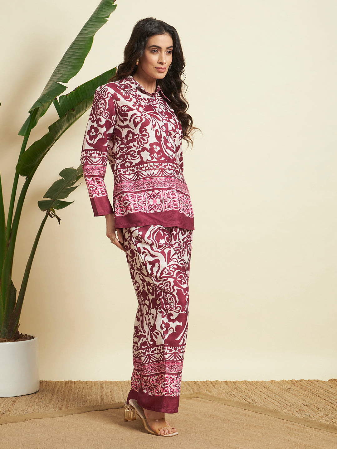 Wine & Cream Floral Printed Kurta & Pant Co-Ord Set for Women