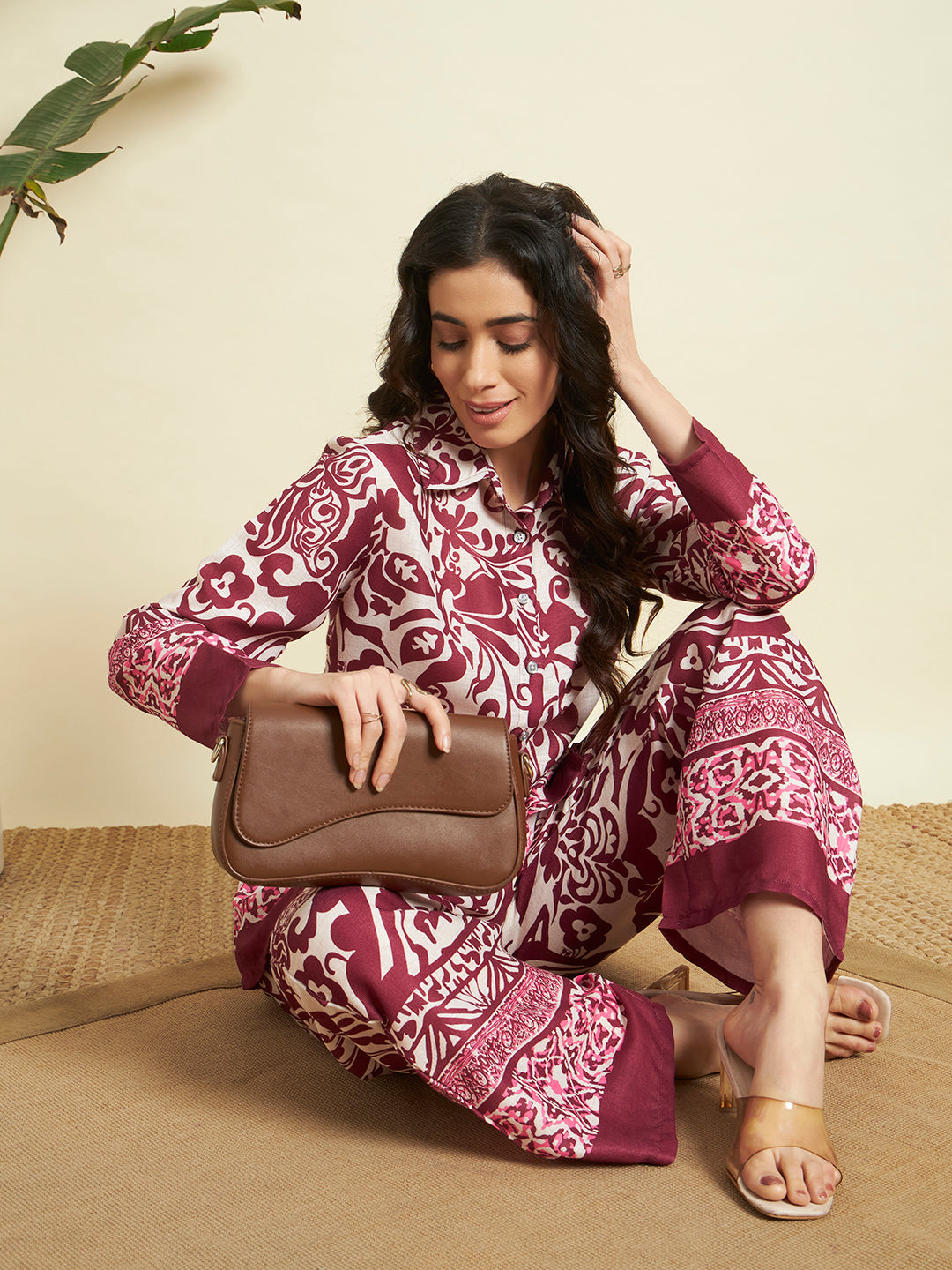 Wine & Cream Floral Printed Kurta & Pant Co-Ord Set for Women