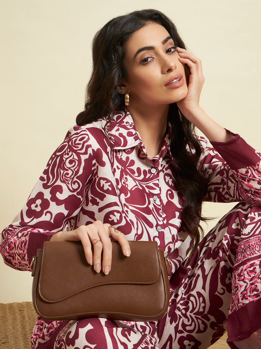 Wine & Cream Floral Printed Kurta & Pant Co-Ord Set for Women