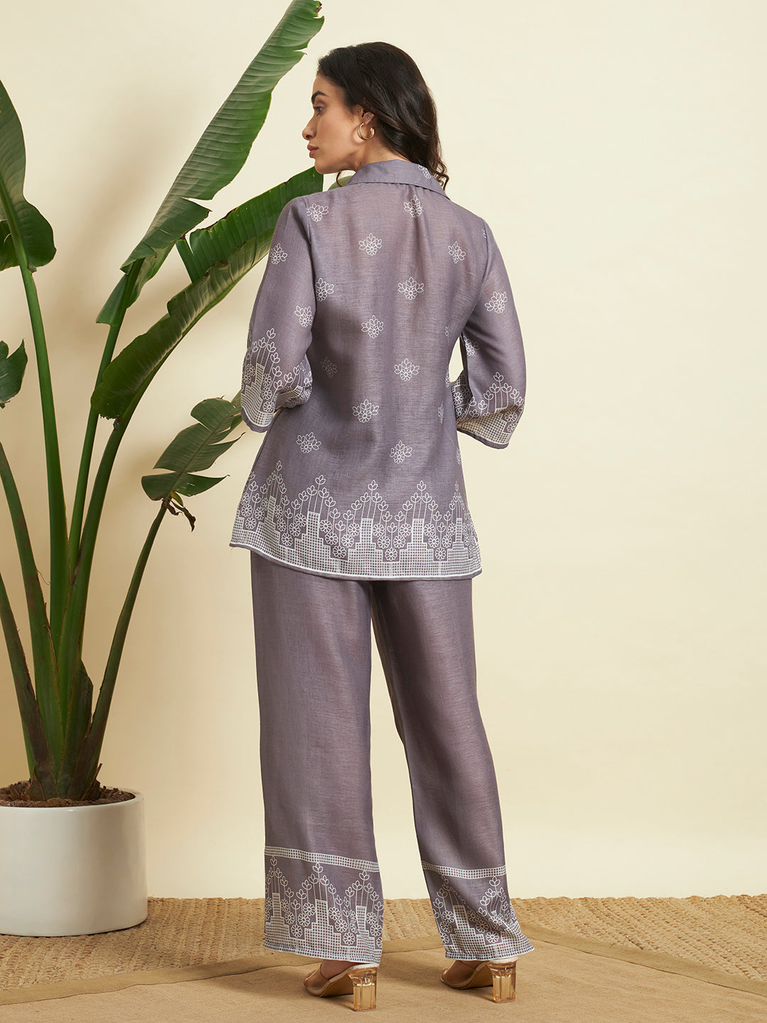 Grey Embroidered Kurta & Pant Co-Ord Set for Women