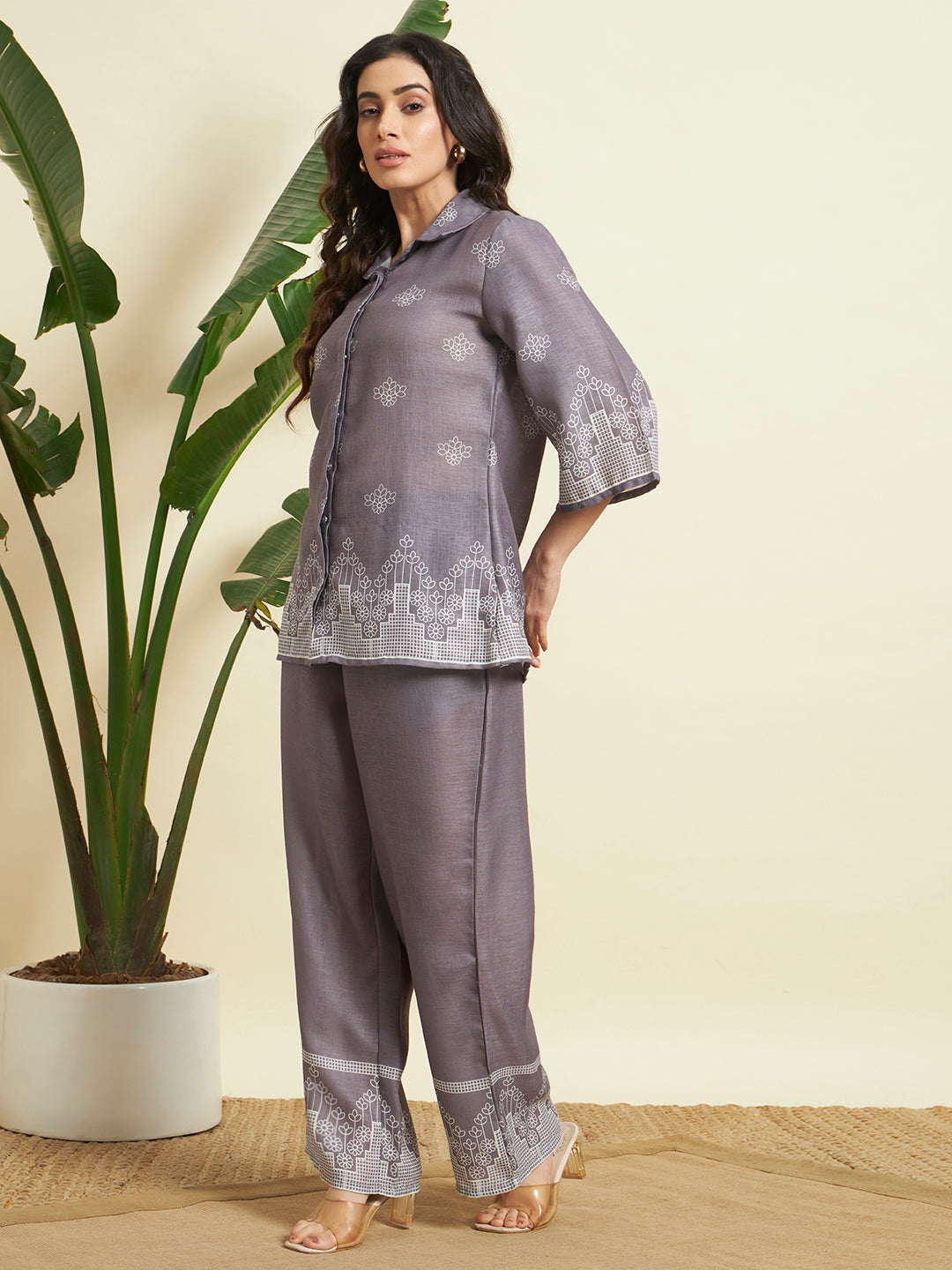 Grey Embroidered Kurta & Pant Co-Ord Set for Women