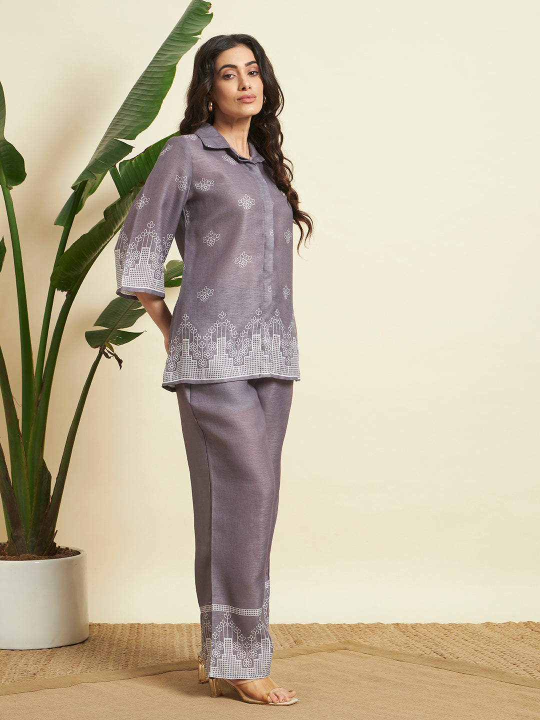 Grey Embroidered Kurta & Pant Co-Ord Set for Women