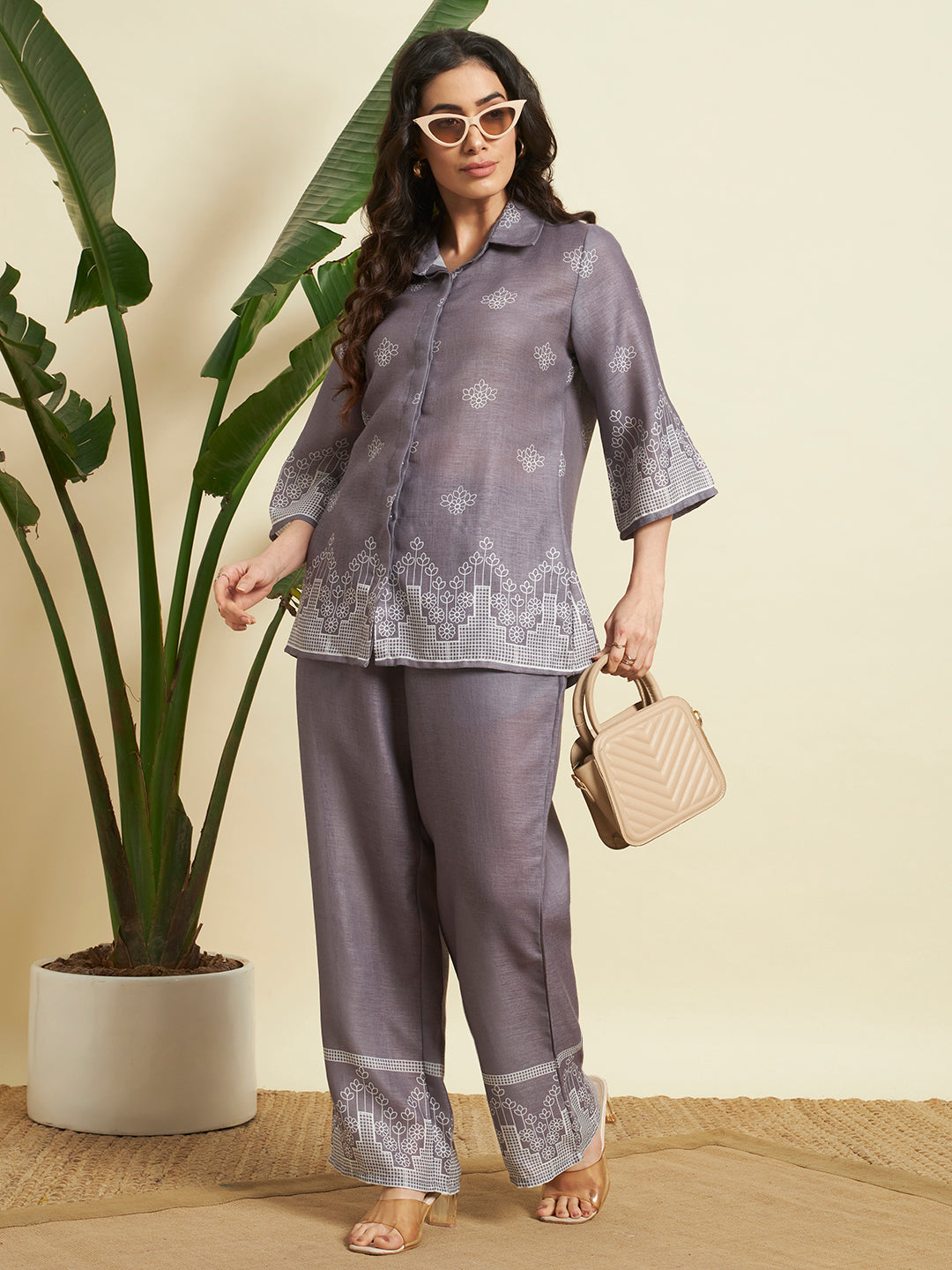 Grey Embroidered Kurta & Pant Co-Ord Set for Women