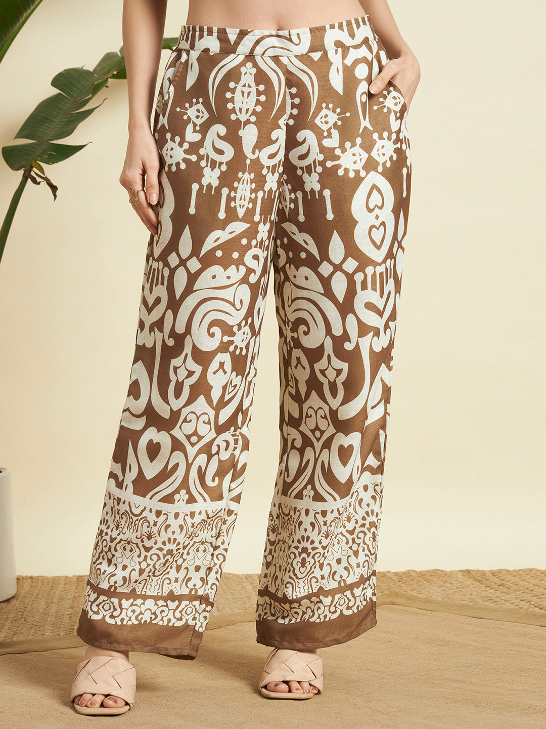 Brown & Cream Ethnic Printed Kurta & Pant Co-Ord Set for Women