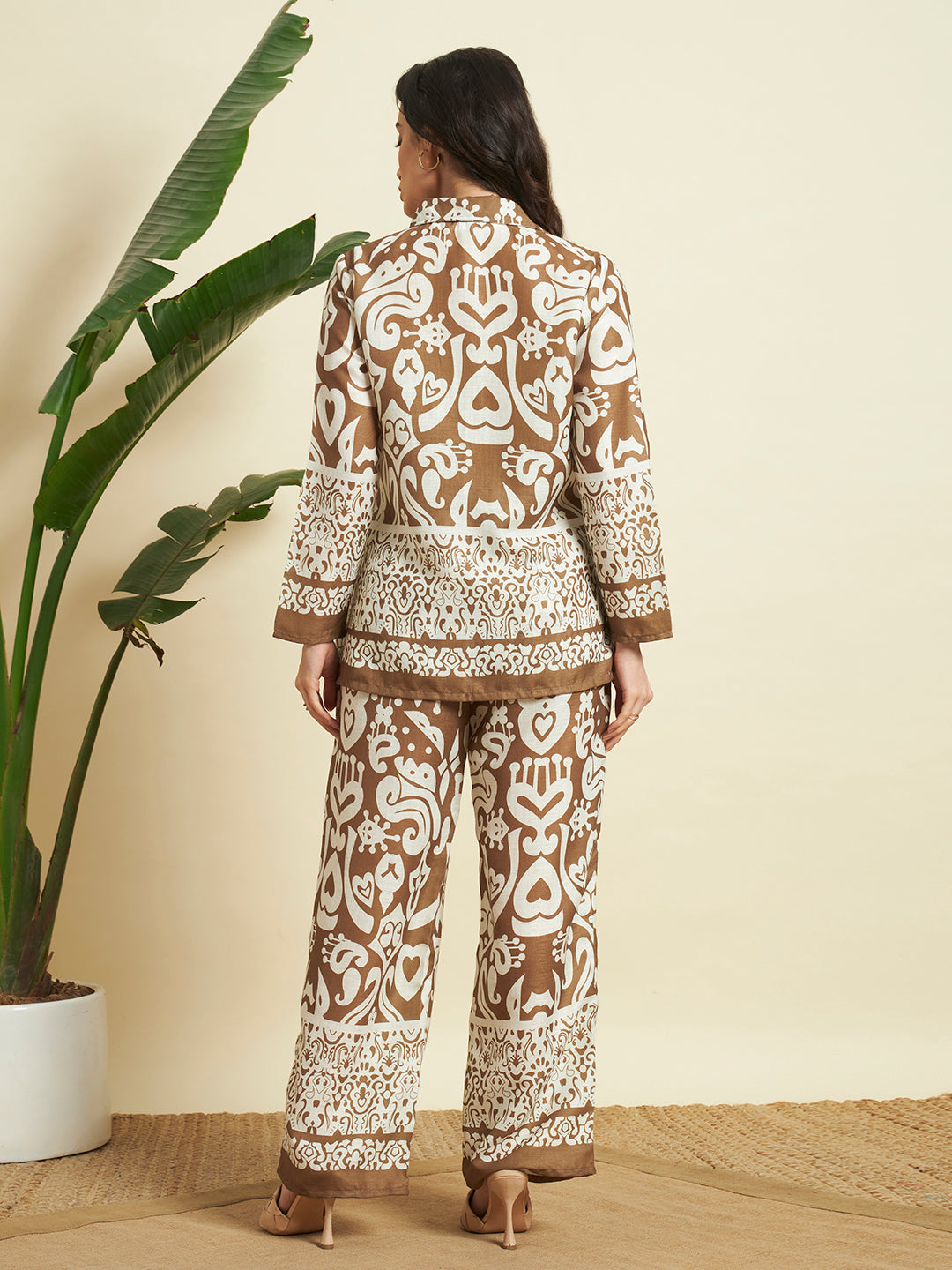 Brown & Cream Ethnic Printed Kurta & Pant Co-Ord Set for Women
