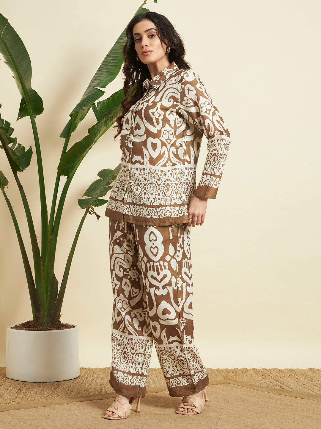 Brown & Cream Ethnic Printed Kurta & Pant Co-Ord Set for Women