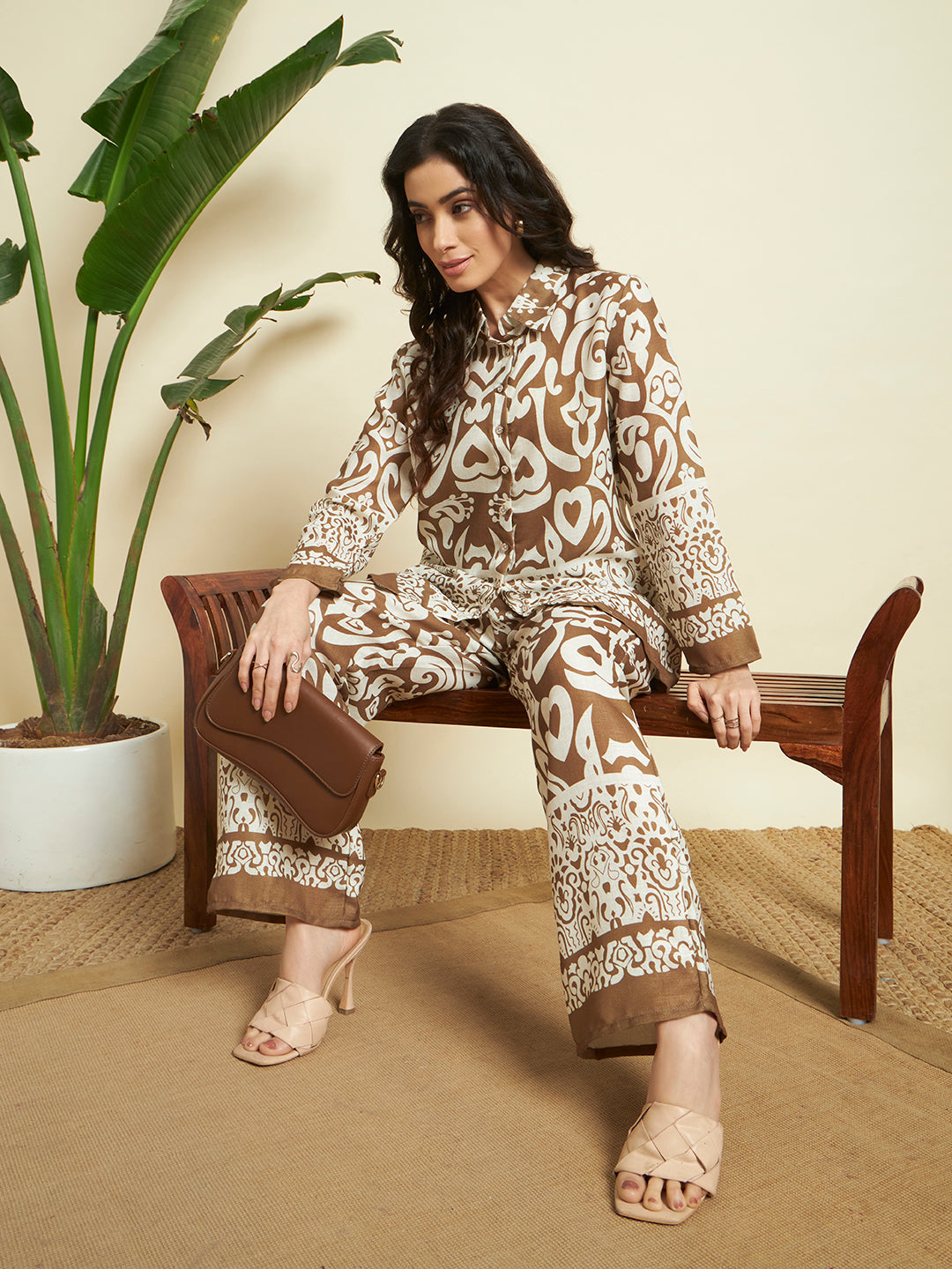 Brown & Cream Ethnic Printed Kurta & Pant Co-Ord Set for Women