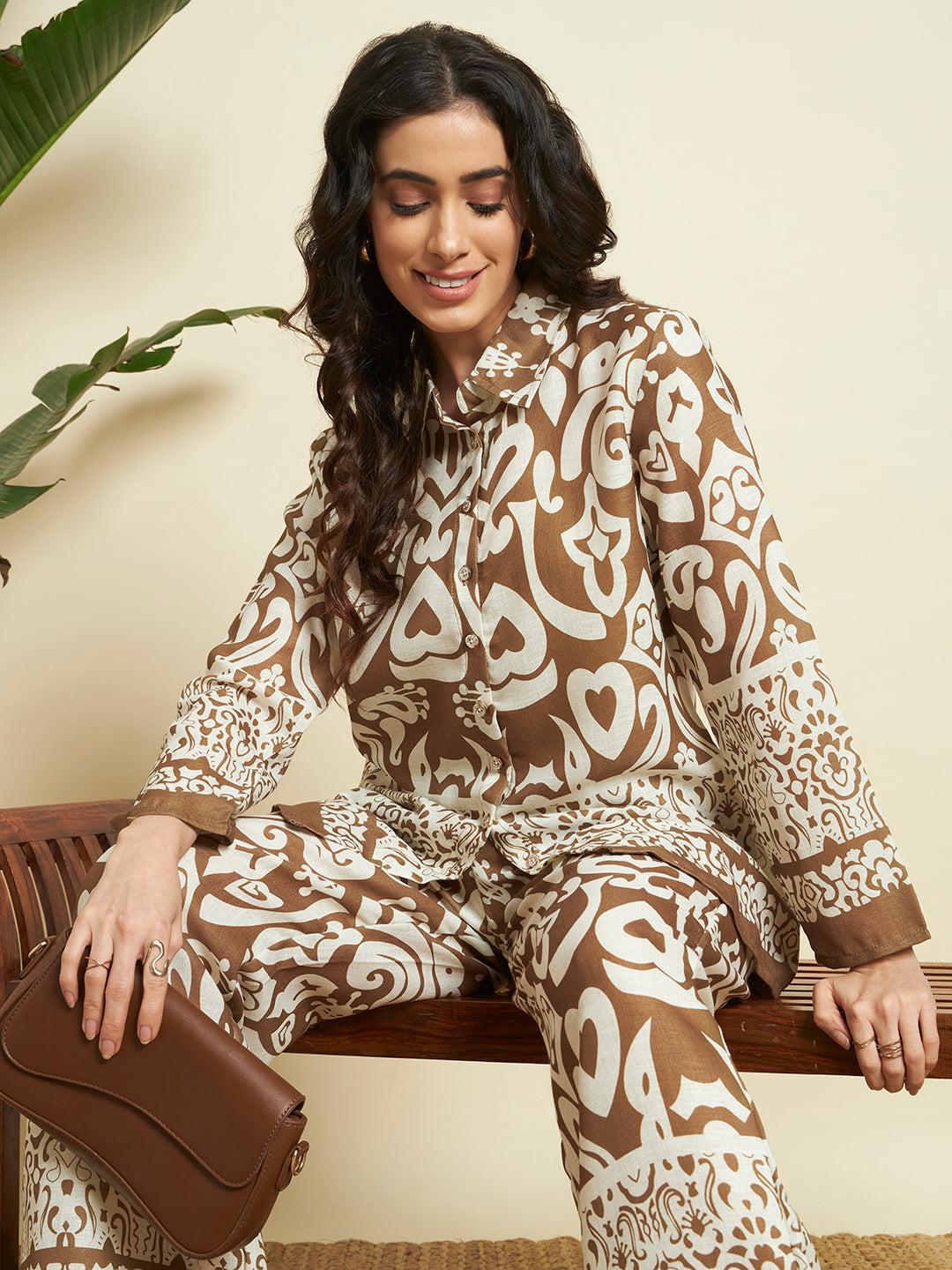 Brown & Cream Ethnic Printed Kurta & Pant Co-Ord Set for Women