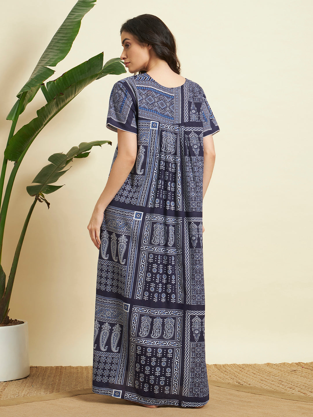 Women’s Navy Blue Printed Maxi Nighty / Lounge Dress